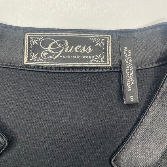 Guess Vintage Black Satin Empire Waist Mini Dress Puffed Sleeves Keyhole Neck 5 - Picture 11 of 13